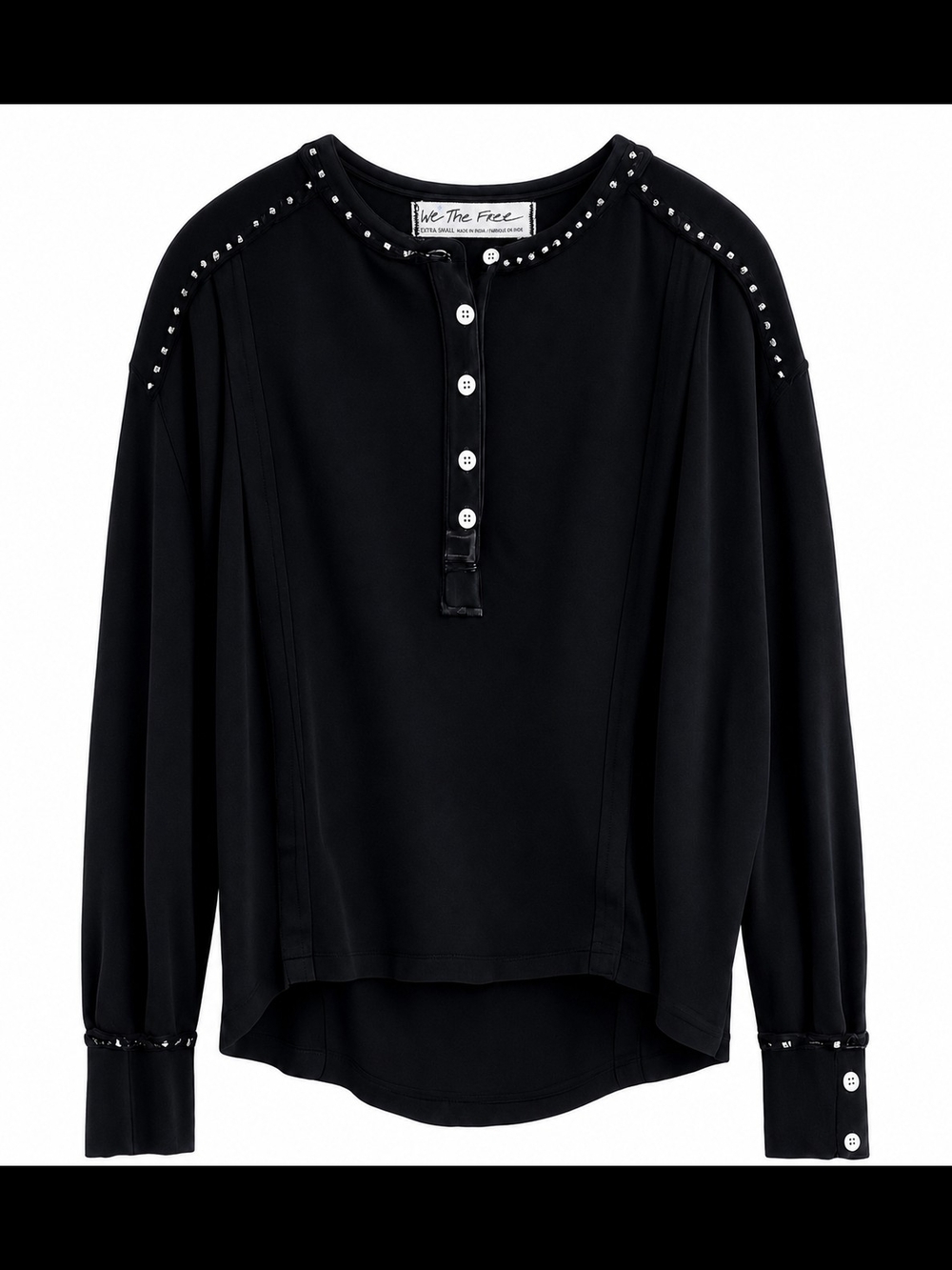Free People We The Free Taylor Henley Top XS Black Studded Long Sleeve Oversized - Picture 2 of 15